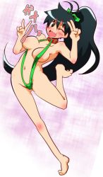 Rule 34 | 1girl, barefoot, black hair, blush, breasts, censored, censored by text, censored nipples, collar, convenient censoring, double v, fang, ganaha hibiki, green one-piece swimsuit, green slingshot swimsuit, idolmaster, idolmaster (classic), long hair, navel, one-piece swimsuit, one breast out, one eye closed, ponytail, slingshot swimsuit, solo, standing, swimsuit, toutouhai, v, very long hair, wink