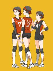 Rule 34 | 3girls, ball, bandaged fingers, bandaged wrist, bandages, black eyes, black hair, clothes writing, detached sleeves, elbow pads, facing away, hand on own hip, headband, highres, holding, holding ball, knee pads, kneehighs, looking ahead, looking to the side, multiple girls, original, pixie cut, profile, shoes, shokugyo, short hair, shorts, sleeveless, sneakers, socks, sportswear, volleyball (object), volleyball uniform, yellow background