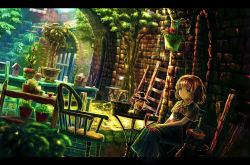 Rule 34 | 1girl, alice margatroid, bad id, bad pixiv id, basket, blonde hair, blue eyes, candle, candlestand, capelet, chair, female focus, flower, hairband, hat, ladder, lantern, letterboxed, nature, pot, scenery, shanghai doll, short hair, sitting, solo, table, touhou, tree, watering can, witch hat, yoshitake