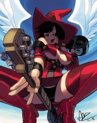 Rule 34 | 1girl, ;p, alex ahad, bare shoulders, black gloves, black hair, black panties, blue eyes, boots, breasts, choker, cleavage, detached sleeves, electric guitar, eyeshadow, fingerless gloves, from below, gloves, guilty gear, guitar, hat, highres, i-no, instrument, large breasts, looking at viewer, m/, makeup, mole, no bra, one eye closed, panties, pantyshot, red footwear, red thighhighs, short hair, solo, squatting, thigh boots, thighhighs, tongue, tongue out, underboob, underwear, wings, witch hat