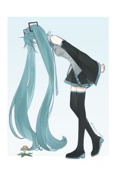 Rule 34 | 1girl, absurdly long hair, arms behind back, bare shoulders, black skirt, black thighhighs, blue background, blue eyes, blue hair, blue nails, blue necktie, breasts, covered mouth, dandelion, detached sleeves, expressionless, fingernails, flower, from side, full body, grey shirt, hatsune miku, interlocked fingers, leaf, leaning, leaning forward, long hair, looking down, manarona, nail polish, necktie, own hands clasped, own hands together, pale skin, pleated skirt, profile, shirt, simple background, skirt, small breasts, solo, standing, standing on one leg, thighhighs, twintails, twitter username, two-tone background, very long hair, vocaloid, white background, yellow flower, zettai ryouiki