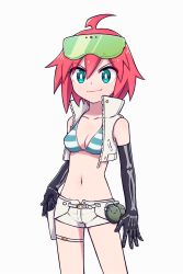 Rule 34 | 1girl, ahoge, aqua eyes, bare shoulders, bikini, bikini top only, black gloves, breasts, bright pupils, cleavage, cowboy shot, cropped jacket, elbow gloves, explosive, eyewear on head, frag, gloves, grenade, grey background, highres, holster, mt.somo, navel, red hair, safety glasses, short hair, short shorts, shorts, simple background, skeleton print, smile, solo, standing, striped bikini, striped clothes, swimsuit, thigh strap, trigger-chan, trigger (company), uchuu patrol luluco