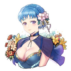 Rule 34 | 1girl, artist name, bare shoulders, blue dress, blue hair, blue neckwear, braid, breasts, capelet, choker, cleavage, closed mouth, dress, fire emblem, fire emblem: three houses, flower, french braid, frills, hair flower, hair ornament, jewelry, large breasts, looking at viewer, marianne von edmund, meziosaur, necklace, nintendo, purple capelet, purple eyes, see-through, simple background, smile, solo, upper body, white background