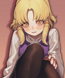 Rule 34 | 1girl, black pantyhose, blonde hair, blush, brown background, commentary request, feet out of frame, heoningu, highres, knees up, korean commentary, long sleeves, looking at viewer, moriya suwako, no headwear, open mouth, pantyhose, purple vest, ribbon-trimmed sleeves, ribbon trim, shadow, shirt, short hair, sidelocks, simple background, sitting, solo, touhou, vest, white shirt, wide sleeves, yellow eyes