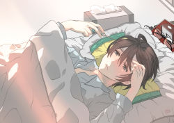 Rule 34 | 1boy, alarm clock, black hair, clock, cold pack, digital thermometer, unworn eyewear, futon, glasses, grey eyes, highres, hiyama kiyoteru, lips, male focus, mouri, parted lips, pillow, sick, signature, solo, swept bangs, thermometer, tissue, under covers, vocaloid