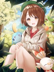 Rule 34 | 1girl, absurdres, backpack, bag, beret, brown bag, brown eyes, brown hair, bush, collared dress, creatures (company), dress, forest, game freak, gen 8 pokemon, gloria (pokemon), grass, green headwear, grey sweater, grookey, hands on own knees, hat, highres, huge filesize, legs, looking at viewer, nature, nintendo, on grass, on shoulder, open mouth, own hands together, pokemon, pokemon (creature), pokemon swsh, red dress, scorbunny, sitting, sleeping, sleeping on person, smile, sobble, starter pokemon trio, sweater, tree, yeolyeo