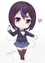 Rule 34 | 1girl, blue bow, blue bowtie, blue eyes, blue skirt, blush, bow, bowtie, breasts, chibi, cleavage, closed mouth, collared shirt, commentary request, dated, grey jacket, heart, holding, jacket, kuavera, long sleeves, looking at viewer, miyako (kuavera), mole, mole under eye, multicolored eyes, multicolored hair, original, pen, pleated skirt, purple eyes, purple hair, purple thighhighs, shirt, shoes, simple background, skirt, smile, solo, streaked hair, thighhighs, twitter username, white background, wing collar, zettai ryouiki
