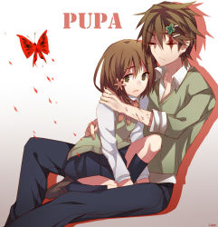 Rule 34 | 10s, 1boy, 1girl, bow, bowtie, brother and sister, brown eyes, brown hair, bug, butterfly, closed eyes, f (hiyamatakao), flower, gradient background, hair flower, hair ornament, hairclip, hasegawa utsutsu, hasegawa yume, hetero, hug, insect, looking at viewer, pupa, scar, scar across eye, scar on face, school uniform, short hair, siblings, skirt, sweater