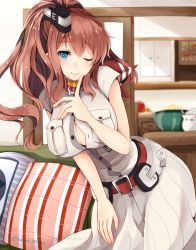 Rule 34 | 10s, 1girl, ascot, bad id, bad pixiv id, belt, blue eyes, breast pocket, breasts, brown hair, cleavage, couch, door, dress, kanna (horntp), kantai collection, kitchen, large breasts, leaning forward, long hair, looking at viewer, neckerchief, one eye closed, open clothes, open dress, pillow, pocket, ponytail, red ascot, red neckerchief, saratoga (kancolle), side ponytail, solo, twitter username, white dress