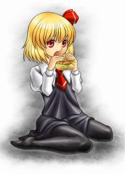 Rule 34 | 1girl, blonde hair, eating, embodiment of scarlet devil, fang, female focus, five-seven (0verlimits), food, hair ribbon, open mouth, pantyhose, red eyes, ribbon, rumia, sandwich, short hair, solo, touhou