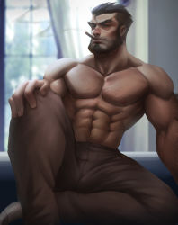 Rule 34 | 1boy, abs, absurdres, arm hair, bara, beard, blurry, blurry background, brown hair, bulge, chest hair, cigar, dark-skinned male, dark skin, facial hair, foot out of frame, forked eyebrows, gazef stronoff, hair slicked back, hairy, highres, knee up, looking at viewer, male focus, mature male, military, military uniform, muscular, muscular male, navel, navel hair, nipples, official alternate costume, overlord (maruyama), pectorals, short hair, sitting, smoking, solo, stomach, thick eyebrows, topless male, uniform, uu (pixiv11319066), window