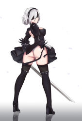 Rule 34 | 1girl, ass, bad id, bad pixiv id, belt, blindfold, boots, bow, breasts, covered erect nipples, from behind, full body, gongba laoge, hair bow, high heel boots, high heels, highres, looking back, nier (series), nier:automata, panties, parted lips, reflection, short hair, silver hair, solo, standing, sword, thigh boots, thighhighs, underwear, weapon, white background, wind, 2b (nier:automata)