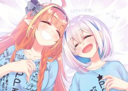 Rule 34 | 2girls, ahoge, alternate costume, amane kanata, angel, artist name, black hairband, blonde hair, blue hair, blue shirt, blunt bangs, blush, bow, braid, breasts, casual, character name, closed eyes, collarbone, colored inner hair, dated, diagonal-striped bow, doukyo&#039;s, dragon girl, dragon horns, emoticon, facing viewer, hair between eyes, hairband, hand on own chest, heads together, hikawa shou, hololive, horn bow, horn ornament, horns, kiryu coco, long hair, lying, multicolored hair, multiple girls, on back, open mouth, orange hair, pink hair, pointy ears, pp tenshi t-shirt, print shirt, shirt, short hair, side-by-side, signature, silver hair, single braid, smile, star (symbol), streaked hair, striped, striped bow, translation request, virtual youtuber