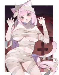 Rule 34 | 1girl, absurdres, animal ear fluff, animal ears, blunt bangs, blush, breasts, cat ears, cat tail, commentary, cross, halloween, highres, hinamori (18ar0), indie virtual youtuber, large breasts, latin cross, looking at viewer, outside border, pink hair, second-party source, solo, sweatdrop, tail, thighs, v-shaped eyebrows, virtual youtuber