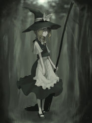 Rule 34 | 1girl, apron, blonde hair, broom, female focus, forest, full body, hat, inemuri uno, kirisame marisa, mary janes, muted color, nature, outdoors, pantyhose, shoes, solo, standing, thighhighs, touhou, white thighhighs, witch, witch hat