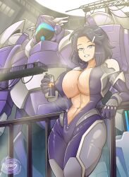 Rule 34 | 1girl, 3boys, abs, absurdres, artist logo, black hair, bodysuit, breasts, cowboy shot, drink, giant, hair ornament, hairclip, highres, holding, holding drink, janus, large breasts, leaning back, looking at viewer, mecha, mole, mole under mouth, multiple boys, muscular, muscular female, navel, original, outdoors, red bull, robot, short hair, skindentation, smile, solo focus, sweat, thick thighs, thighs, unzipped, zipper