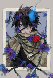 Rule 34 | 1boy, black hair, blood, blood on face, blue fire, blue flower, blue rose, border, cloak, closed mouth, dated, fire, fire, flower, grey border, grey cloak, hair between eyes, looking at viewer, male focus, picture frame, plant, purple flower, purple rose, red eyes, red flower, red rose, rose, ross (senyuu), sen&#039;yuu., shatin (pomelomcp), signature, solo, spiked hair, thorns, vines