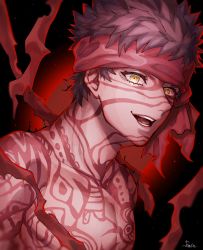 Rule 34 | 1boy, angra mainyu (fate), bandages, black hair, commentary request, dark-skinned male, dark skin, fate/grand order, fate/hollow ataraxia, fate (series), full-body tattoo, headband, highres, light particles, looking at viewer, male focus, open mouth, rain (roromi), signature, smile, solo, tattoo, topless male, upper body, yellow eyes