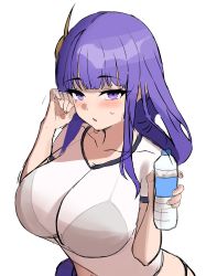 Rule 34 | 1girl, absurdres, blush, bottle, braid, breasts, cleavage, commentary request, genshin impact, hair ornament, highres, holding, holding bottle, large breasts, long hair, looking at viewer, low-braided long hair, low-tied long hair, mole, mole under eye, mua (mua pb), open mouth, purple eyes, purple hair, raiden shogun, simple background, sketch, solo, upper body, very long hair, water bottle, white background