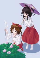 Rule 34 | 2girls, black hair, blonde shrine maiden from a future era (touhou), blue background, bobby socks, bow, brown hair, bush, detached sleeves, flower, frilled skirt, frills, gohei, hair bow, hakurei reimu, highres, holding, holding umbrella, japanese clothes, kimono, long sleeves, mary janes, miko, multiple girls, no shoes, nostalgiclock, oil-paper umbrella, open mouth, pink bow, ponytail, portrait of exotic girls, purple flower, purple umbrella, red bow, red eyes, red footwear, red skirt, shoes, sidelocks, simple background, skirt, socks, standing, touhou, umbrella, wavy hair, white kimono, white legwear, wide sleeves