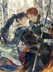 Rule 34 | 2boys, arm around waist, armor, arms at sides, artist name, belt, black coat, cape, coat, commentary request, earrings, felix hugo fraldarius, fire emblem, fire emblem: three houses, forest, fur-trimmed cape, fur trim, gauntlets, gloves, green cape, haruko (haruhello), highres, holding, holding polearm, holding weapon, jewelry, long hair, long sleeves, looking at another, multiple boys, nature, nintendo, orange cape, orange eyes, outdoors, pauldrons, plate armor, polearm, ponytail, red hair, scabbard, sheath, short hair, shoulder armor, signature, sleeve cuffs, smile, spear, standing, sword, sylvain jose gautier, teeth, tree, weapon, white gloves, yaoi