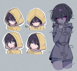 Rule 34 | 1girl, :|, bad id, bad pixiv id, black hair, blue eyes, blush, clming, closed mouth, downcast eyes, glitch, glowing, glowing eyes, grey background, hair between eyes, half-closed eyes, hand to own mouth, hood, hood down, hood up, little nightmares (series), little nightmares ii, looking at viewer, looking down, looking up, multiple views, naughty face, purple eyes, raincoat, romaji text, shaded face, shadow six (little nightmares), short hair, shorts, six (little nightmares), smile, surprised, sweatdrop, translated, wide-eyed