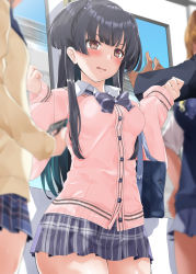 Rule 34 | 1boy, 3girls, bag, black hair, blush, breasts, brown eyes, cardigan, character request, collared shirt, commentary request, grey skirt, hands up, highres, idolmaster, idolmaster shiny colors, indoors, long hair, long sleeves, mayuzumi fuyuko, medium breasts, multiple girls, parted lips, pink cardigan, plaid, plaid skirt, pleated skirt, school bag, school uniform, shirosuzu, shirt, skirt, sleeves past wrists, solo focus, sweat, thighs, two side up, very long hair, wavy mouth, white shirt