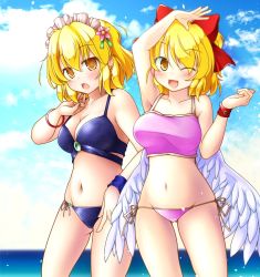 Rule 34 | 2girls, aka tawashi, arm up, armpits, bangle, bikini, blonde hair, blue bikini, blue sky, blush, bow, bracelet, breasts, brooch, cleavage, cloud, collarbone, commentary request, cowboy shot, day, earrings, feathered wings, flower, gengetsu (touhou), gluteal fold, groin, hair between eyes, hair bow, hair flower, hair ornament, hand up, head tilt, highres, jewelry, large breasts, looking at viewer, maid headdress, mugetsu (touhou), multiple girls, navel, ocean, open mouth, outdoors, pink bikini, pink flower, red bow, short hair, side-tie bikini bottom, sky, standing, stomach, swimsuit, thighs, touhou, touhou (pc-98), white wings, wings, wristband, yellow eyes