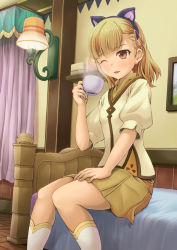 Rule 34 | 1girl, ;p, animal ears, bed, blonde hair, blush, brown eyes, cat ears, cup, curtains, fake animal ears, hair ornament, hairband, hairclip, ibushigin, lamp, one eye closed, picture frame, rosetta, rune factory, rune factory 1, rune factory frontier, sitting, skirt, steam, sweatdrop, teacup, tongue, tongue out, wince, wink