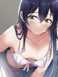 Rule 34 | 1girl, bare shoulders, blue hair, blush, borgbutler, bra, breasts, cleavage, downblouse, hair between eyes, highres, leaning forward, long hair, looking at viewer, love live!, love live! school idol project, removing bra, simple background, small breasts, solo, sonoda umi, underwear, undressing, unworn clothes, unworn shirt, white bra, yellow eyes