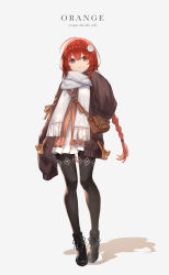 Rule 34 | 1girl, absurdres, ahoge, ankle boots, arm at side, bag, black footwear, black jacket, black pantyhose, boots, braid, brown eyes, buckle, commentary request, english text, flower, full body, grey background, hair flower, hair ornament, hairclip, highres, jacket, kobuta, long hair, long sleeves, looking at viewer, mixed-language commentary, open clothes, open jacket, original, pantyhose, parted lips, red hair, romaji text, scarf, shoulder bag, side braid, simple background, sleeves past fingers, sleeves past wrists, solo, standing, twin braids, very long hair, white flower, white scarf