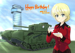 Rule 34 | 1girl, absurdres, black skirt, blonde hair, blue eyes, braid, churchill (tank), closed mouth, commentary request, cup, darjeeling (girls und panzer), dated, day, emblem, english text, epaulettes, girls und panzer, happy birthday, highres, holding, holding cup, holding saucer, huge filesize, jacket, long sleeves, looking at viewer, military, military uniform, military vehicle, motor vehicle, ooarai (ibaraki), ooarai marine tower, outdoors, partial commentary, pleated skirt, red jacket, saucer, short hair, skirt, smile, solo, st. gloriana&#039;s (emblem), st. gloriana&#039;s military uniform, standing, tank, teacup, twin braids, uniform, yontouhei2019