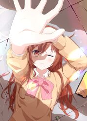 Rule 34 | 1girl, absurdres, bow, bowtie, brown eyes, brown hair, cellphone, collared shirt, crossed bangs, eraser, frown, hair between eyes, hair over shoulder, hand on own head, highres, indoors, lens flare, light particles, long hair, looking at viewer, lying, mattsi hbkk, on back, on floor, one eye closed, original, outstretched arm, pen, phone, pink bow, pink bowtie, shadow, shirt, sidelocks, sleeve cuffs, smartphone, sunlight, sweater, uniform, upper body, white shirt, yellow sweater