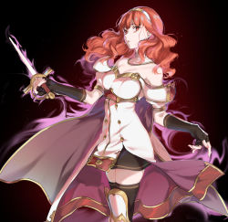 Rule 34 | 1girl, arm guards, armor, armored boots, aura, black background, black thighhighs, boots, breastplate, cape, celica (fire emblem), corruption, cowboy shot, dark aura, dark persona, detached collar, dress, earrings, fingerless gloves, fire emblem, fire emblem echoes: shadows of valentia, fire emblem heroes, gloves, hair ornament, hairband, highres, holding, holding sword, holding weapon, jewelry, long hair, looking at viewer, misu kasumi, nintendo, parted lips, possessed, possession, puffy short sleeves, puffy sleeves, red armor, red eyes, red hair, short sleeves, simple background, smile, solo, standing, sword, thighhighs, weapon, white armor, zettai ryouiki