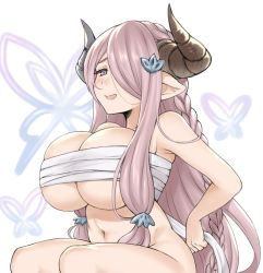 Rule 34 | 10s, 1girl, blue eyes, blush, braid, breasts, draph, granblue fantasy, hair ornament, hair over one eye, horns, huge breasts, lang (chikage36), light purple hair, long hair, narmaya (granblue fantasy), navel, open mouth, pointy ears, sarashi, smile, solo, tying