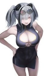 Rule 34 | 1girl, :p, animal ears, arknights, bare shoulders, bear ears, black dress, black hair, breasts, brown eyes, cleavage, covered abs, covered navel, cowboy shot, dress, eigo ichii, eyewear on head, feater (arknights), glasses, grey hair, hair over one eye, hands on own hips, highres, large breasts, looking at viewer, multicolored hair, parted lips, round eyewear, sleeveless, sleeveless dress, smile, solo, tongue, tongue out, twintails, two-tone hair