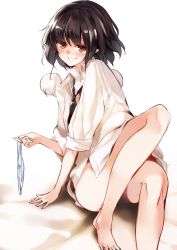 Rule 34 | 1girl, bare legs, barefoot, black hair, black necktie, blue panties, blush, closed mouth, collared shirt, convenient leg, holding, holding clothes, holding panties, holding underwear, ken (coffee michikusa), looking at viewer, naked shirt, necktie, orange eyes, panties, pointy ears, pom pom (clothes), shameimaru aya, shirt, simple background, smile, solo, striped clothes, striped panties, touhou, underwear, unworn panties, white background, white shirt, wing collar