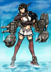 Rule 34 | 10s, 1girl, artist name, black gloves, black hair, blue sky, caiman pool, cloud, cloudy sky, commentary, day, fingerless gloves, full body, gloves, gun, hair between eyes, headgear, highres, kantai collection, kikumon, long hair, midriff, nagato (kancolle), navel, outdoors, pleated skirt, red eyes, red thighhighs, skirt, sky, smoke, smoking barrel, solo, standing, standing on liquid, thighhighs, turret, water, weapon