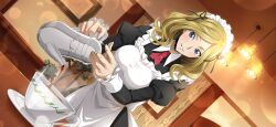 Rule 34 | 1girl, apron, artist request, black dress, blonde hair, blue eyes, blurry, blush, bokeh, breasts, code geass, code geass: lost stories, collared dress, cup, depth of field, dress, dutch angle, female focus, frilled apron, frills, game cg, glint, hands up, happy, highres, holding, holding teapot, indoors, juliet sleeves, long sleeves, looking at viewer, maid, maid apron, maid headdress, medium breasts, medium hair, milly ashford, neck ribbon, non-web source, official art, parted bangs, parted lips, picture frame, pouring, puffy sleeves, red ribbon, ribbon, sidelocks, smile, solo, standing, steam, tea, teacup, teapot, teeth, upper body, white apron