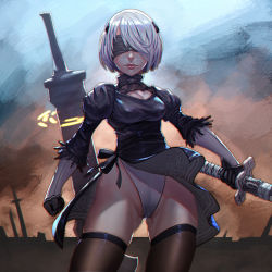 Rule 34 | 1girl, absurdres, black dress, black thighhighs, blindfold, breasts, cameltoe, cleavage, cleavage cutout, clothing cutout, cowboy shot, dress, gloves, hairband, highleg, highleg leotard, highres, holding, holding sword, holding weapon, juliet sleeves, large breasts, leotard, long sleeves, mole, mole under mouth, nier (series), nier:automata, puffy sleeves, short hair, silver hair, skindentation, solo, standing, sword, thighhighs, weapon, wedgie, white leotard, wind, wind lift, xue qi ye (dndtmbdue), 2b (nier:automata)