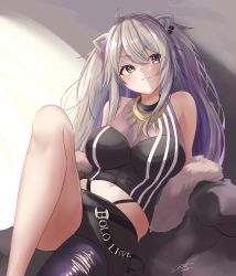 Rule 34 | 1girl, absurdres, ahoge, animal ears, bare shoulders, belt, blush, breasts, cleavage, earrings, fur-trimmed jacket, fur trim, grey eyes, grey hair, hair between eyes, highres, hololive, jacket, jewelry, large breasts, lion ears, lion girl, long hair, looking at viewer, necklace, ogura toast, open mouth, parted lips, reclining, see-through, see-through cleavage, shirt, shishiro botan, shishiro botan (1st costume), single leg pantyhose, skirt, sleeveless, sleeveless shirt, solo, virtual youtuber