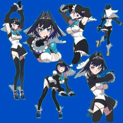 Rule 34 | 1girl, arms up, ass, black gloves, black hair, black thighhighs, blue background, blue bow, blue eyes, blue footwear, blue hair, blue ribbon, blush, bow, bow earrings, breasts, chain, chain headband, cleavage cutout, closed eyes, clothing cutout, collar, detached sleeves, earrings, eus ing, gloves, gradient hair, hair intakes, head chain, heart, high heels, highres, hololive, hololive english, jewelry, large breasts, looking at viewer, micro shorts, miniskirt, multicolored hair, multiple views, open mouth, ouro kronii, ouro kronii (1st costume), pointing, ribbon, shirt, short hair, shorts, skirt, sleeveless, sleeveless shirt, thighhighs, underboob, underboob cutout, veil, virtual youtuber, yellow footwear