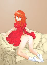 Rule 34 | 1girl, absurdres, arched back, artist request, ass, blue eyes, clothes pull, dress, dress pull, from behind, highres, kneeling, looking at viewer, looking back, neon genesis evangelion, no panties, orange hair, pussy, red hair, socks, solo, souryuu asuka langley