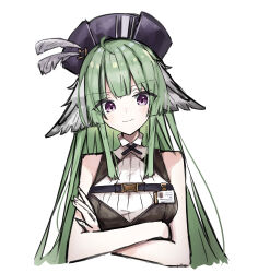 Rule 34 | 1girl, absurdres, animal ears, arknights, bare shoulders, bird ears, closed mouth, green hair, highres, id card, long hair, looking at viewer, poncirus (arknights), purple eyes, shirt, simple background, sleeveless, sleeveless shirt, smile, solo, touko (toko12 tooko), upper body, white background