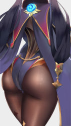 Rule 34 | 1girl, absurdres, ass, black pantyhose, blue leotard, cape, charu, from behind, fur trim, genshin impact, hair ornament, highres, leotard, mona (genshin impact), pantyhose, purple hair, simple background, solo, star (symbol), star hair ornament, thick thighs, thighs, twintails, white background
