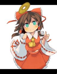 Rule 34 | 1girl, aqua eyes, ascot, bare shoulders, blurry, bow, brown hair, coin, coin flip, commentary request, depth of field, detached sleeves, frilled bow, frilled skirt, frills, from above, hair bow, hair ribbon, hair tubes, hakurei reimu, ini (inunabe00), letterboxed, looking up, midriff, perspective, red bow, red ribbon, red skirt, ribbon, ribbon-trimmed sleeves, ribbon trim, sidelocks, simple background, skirt, smile, solo, touhou, white background