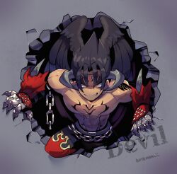 Rule 34 | 1boy, abs, belt, black hair, black wings, chain, character name, claws, crack, cracked wall, devil jin, evil grin, evil smile, forehead jewel, gloves, grey belt, grey horns, grin, horns, kazama jin, kotorai, looking at viewer, male focus, navel, pectorals, red gloves, short hair, shoulder tattoo, signature, smile, solo, studded gloves, tattoo, tekken, thick eyebrows, topless male, v-shaped eyebrows, wings, yellow eyes