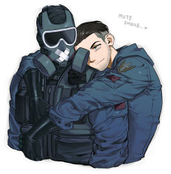 Rule 34 | 2boys, beard stubble, black gloves, blue jumpsuit, bulletproof vest, character name, closed mouth, couple, facial hair, gas mask, gloves, hamzraider, highres, hug, hug from behind, jumpsuit, looking at another, male focus, mask, multiple boys, mute (rainbow six siege), rainbow six siege, smile, smoke (rainbow six siege), stubble, upper body, yaoi