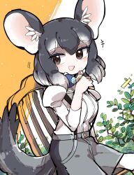 Rule 34 | 1girl, absurdres, animal ears, bow, bowtie, chair, chinchilla (kemono friends), extra ears, grey eyes, grey hair, highres, kanmoku-san, kemono friends, looking at viewer, mouse ears, mouse girl, mouse tail, outdoors, shirt, short hair, shorts, simple background, smile, solo, suspenders, tail