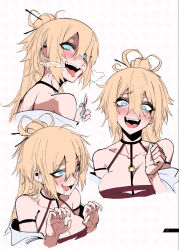 Rule 34 | 1girl, :d, between breasts, black choker, blonde hair, blood, blue eyes, breasts, choker, fang, hair ornament, hairpin, hand up, highres, holding, j.k., large breasts, long hair, looking at viewer, multiple views, o-ring, open mouth, original, ponytail, saliva, simple background, smile, tongue, tongue out, white background